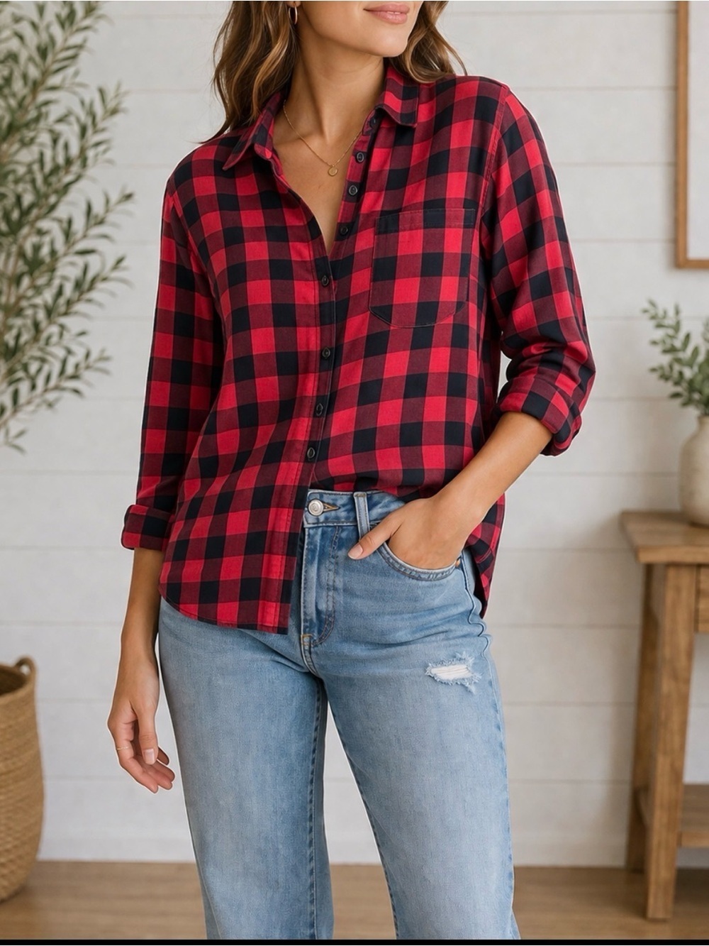 Denim&Supply Ralph Lauren red-black buffalo print button long sleeve cotton top